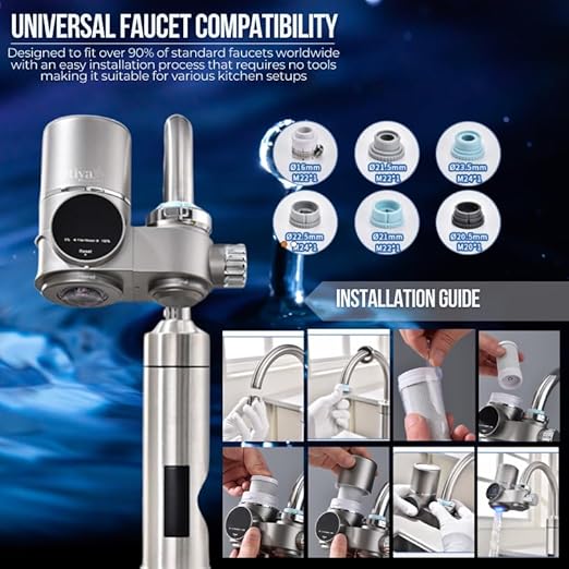 Faucet Mount Water Filter- Smart LED Display | Advanced UV Blue Light Purification Indicator | Reduce Lead Chlorine | Tap Water Purifier Fits Standard Faucets - Includes 1 Filter