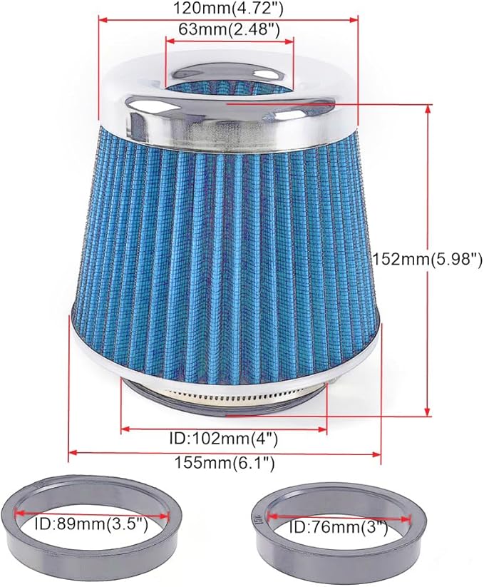 4-Inch Cold Air Intake Filter - Washable, High Performance, 3" or 3-1/2" or 4" Clamp-On Replacement Air Filter Blue