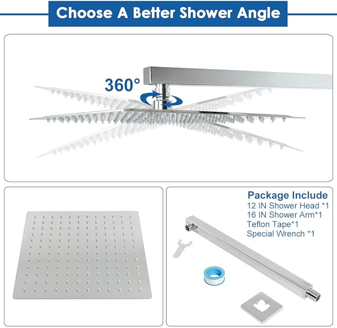 HarJue Shower Head with Extension Arm, High Pressure Square with ShowerArm, Stainless Steel Rainfall -Waterfall Full Body Coverage (12'' Shower with 16'' Arm, Chrome)