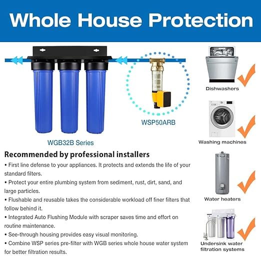 iSpring Lead-Reducing Whole House Water Filter System, Also Reduces Chlorine, Taste, Odor, 3-Stage Whole House Water Filtration System, Model: WGB32B-PB, 1" NPT Inlet/Outlet