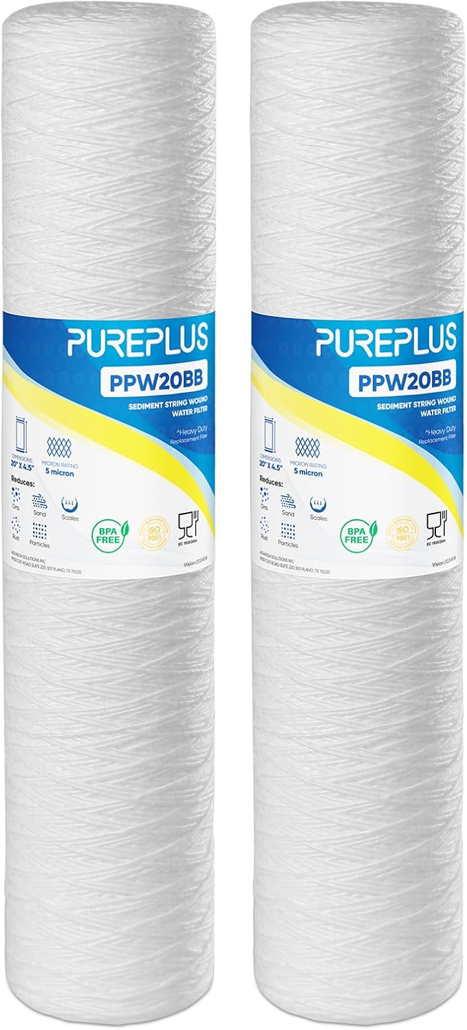 PUREPLUS 5 Micron 4.5" x 20" Whole House String Wound Sediment Filter for Well Water, Replacement Cartridge for Pentair Pentek WP5BB20P/WP25BB20P, Hydronix SWC-45-2005, SpiroPure SP-WP5-20BB, 2Pack