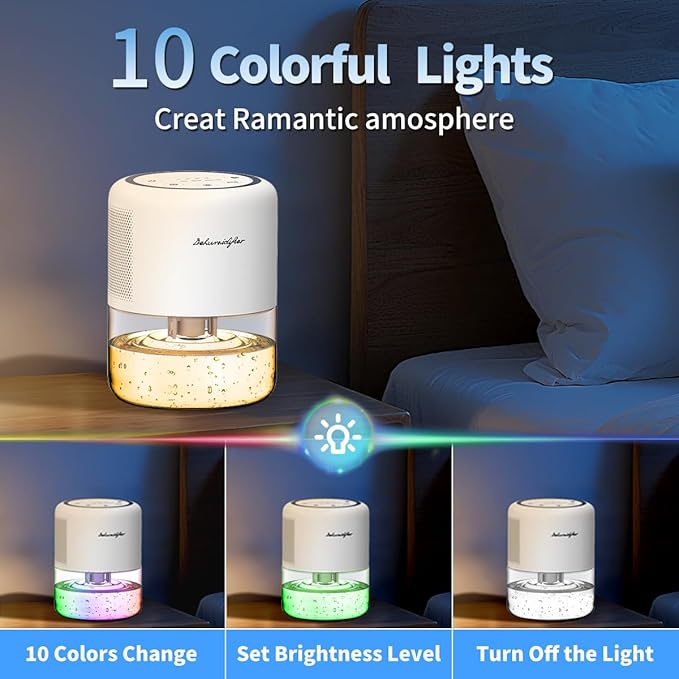 44oz(1.3L) Small Dehumidifier for Home, Auto-Off Quiet Portable Dehumidifier with 3 Modes, 10 Color Lights, 4 Timer Settings for Bedroom Bathroom Closet (215 sq.ft)