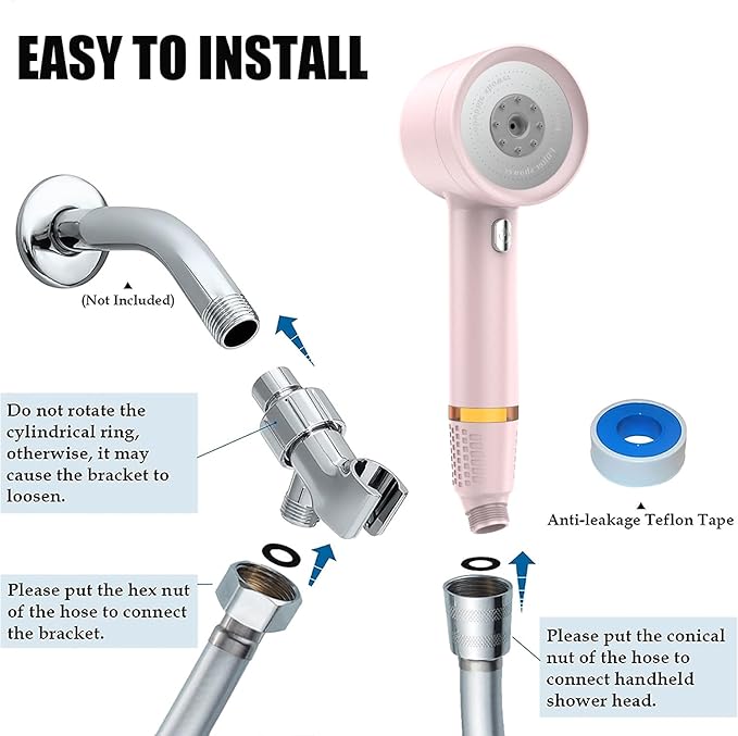 High Pressure Shower Head with Handheld, with Pause Switch 4 Spray Modes Water Saving Showerhead,Showerhead Set with Hose, Bracket and Cotton Filter, (pink)