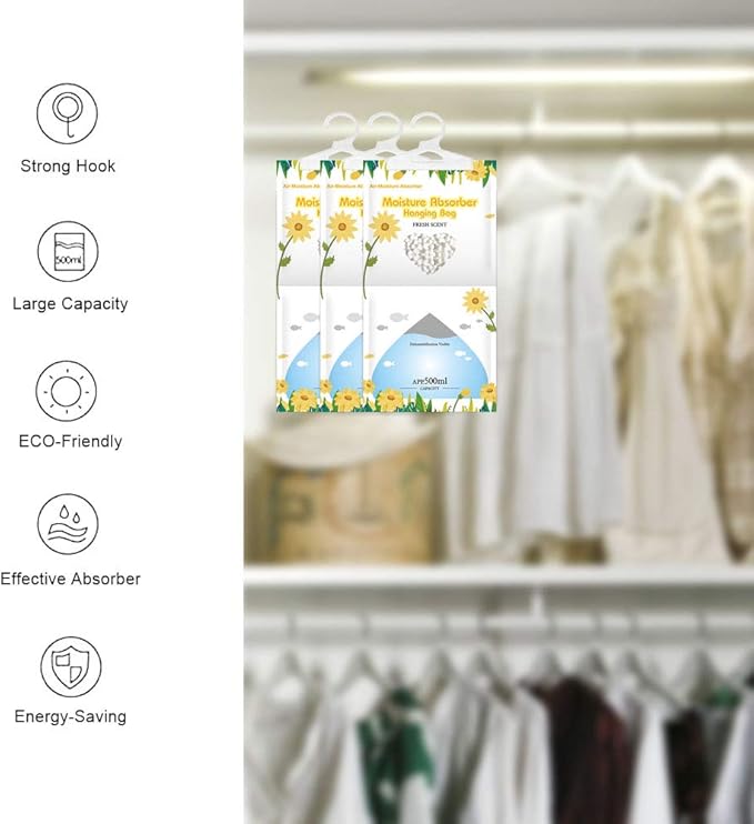 CANAGER Hanging Moisture Absorber, Fresh Scent Moistureproof Desiccant Hanging Bag，Dehumidifier Bag (8 packs) Hanging Closet Dehumidifier Bags, Moisture Absorb 12.5 oz