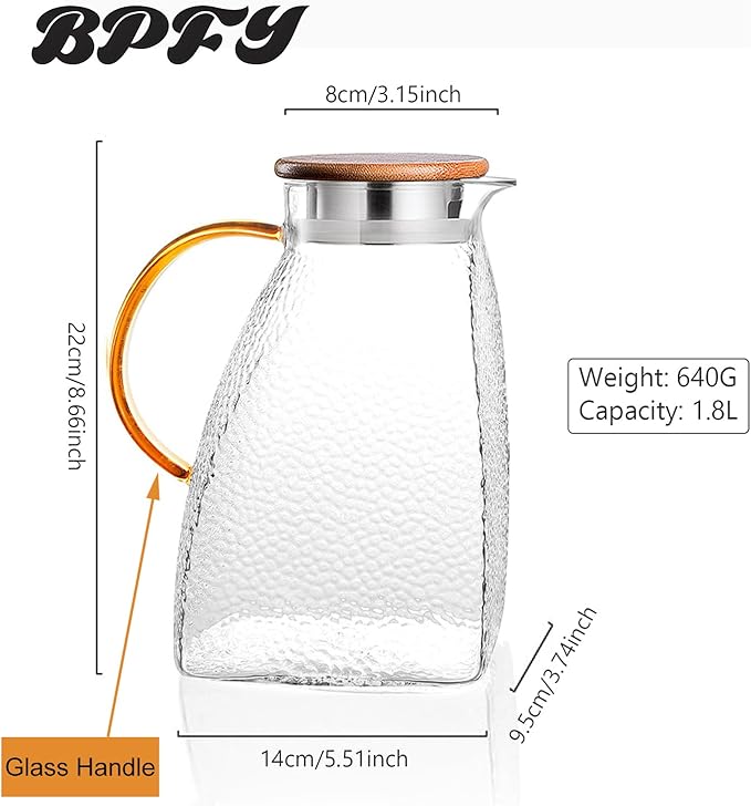 1 Pack 60oz Glass Pitcher With Lids For Fridge, Glass Water Pitchers, Iced Tea Jugs For Fridge, Half Gallon Glass Water Jug For Cold Or Hot Beverages, Water, Sun Tea, Milk