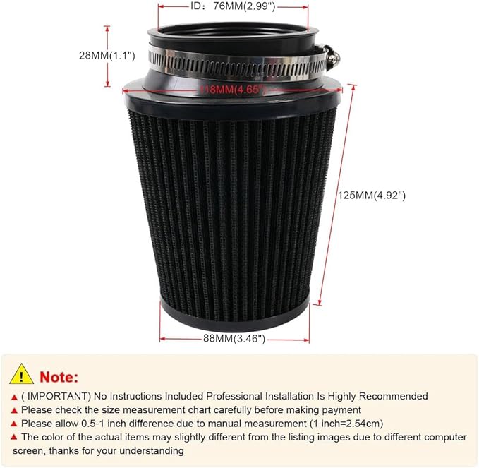 Clamp-On Cold Air Intake Filter, High Performance, Washable Filter, Replacement Air Filter, Flange Diameter 3inch/76mm Black