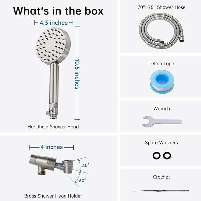 G-Promise Solid Metal Brushed Nickel Handheld Shower Head With Extra Long Stainless Steel Hose & Water Saving On/Off Pause Valve, Modern Style, 1 Setting, 10 Year Warranty