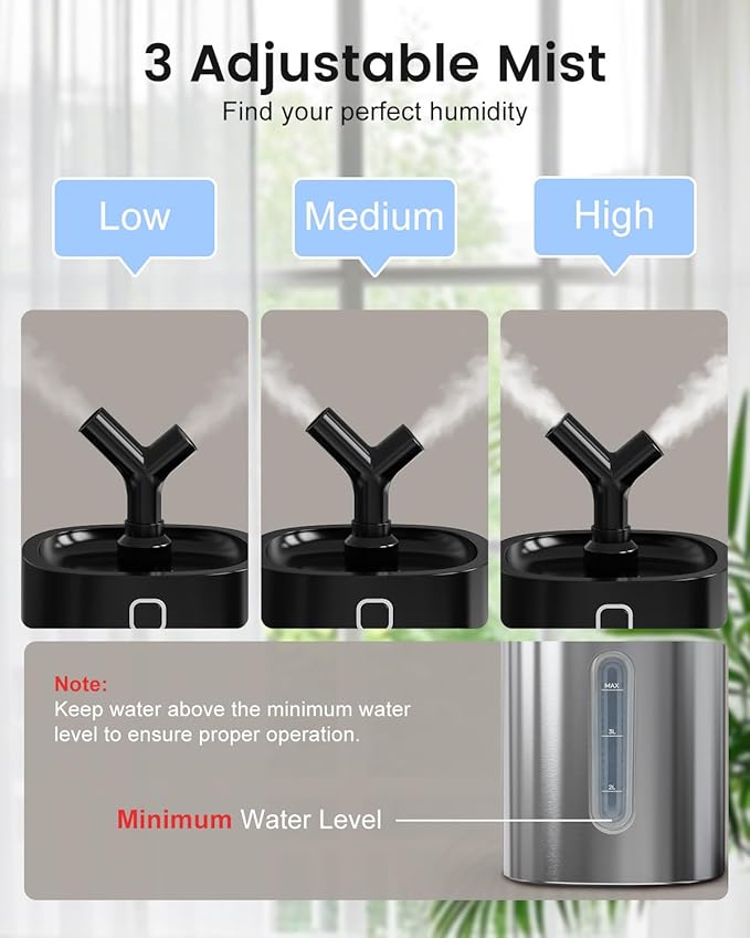 Feekaa Stainless Steel Humidifier Dishwasher Safe, 4L/1Gal Cool Mist Humidifiers for Bedroom, Easy Clean Humidifier Large Room, Humidifiers for Baby Nursery Living Room Office Plant, Black