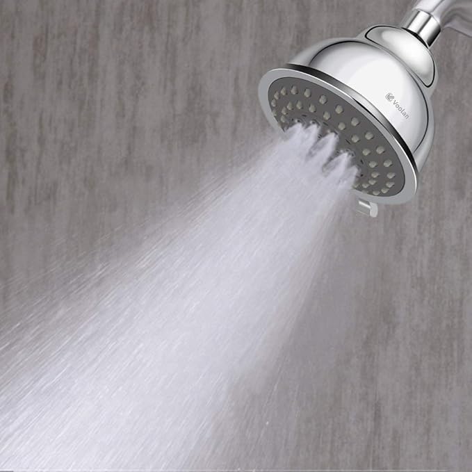 Voolan High Pressure Shower Head - 4 Inches Rain Showerhead - 5 Spray Settings - Luxury Modern Chrome Look - Perfect Adjustable Replacement for Bathroom Shower Heads