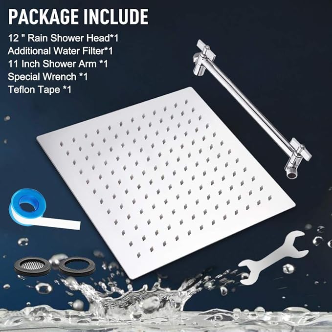 HarJue High Pressure Large Stainless Steel Square Rain ShowerHead With Shower Arm Waterfall Full Body Coverage Easy to Clean and Install (12 Inch With Arm, Chrome Finish)