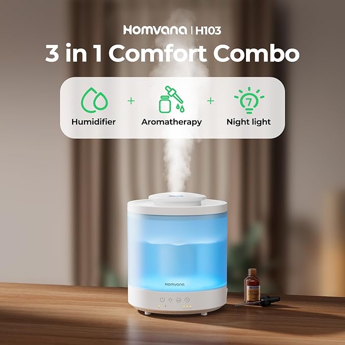 Homvana Small Humidifiers for Bedroom - 2 Packs 1.8L Cool Mist Top Fill Humidifier for Baby Nursery, Essential Oil Diffuser, 3 in 1 for Home Plants Offices and Grow Tents, 7 Color Lights, Ultrasonic