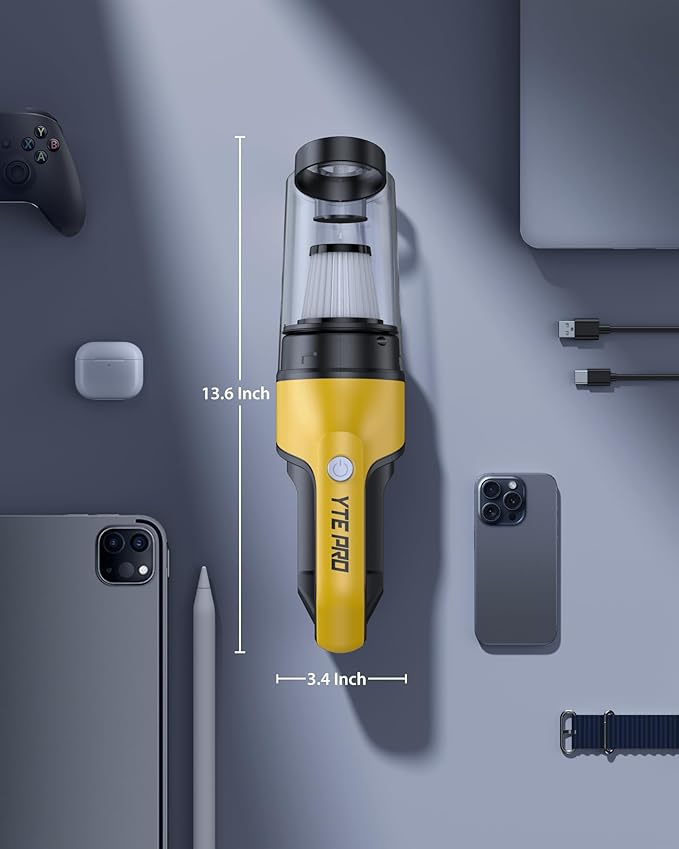 Handheld Vacuum Cordless 1.1 Pounds Car Vac 10000PA Hand Held Vacuums 4-in-1 Hand Vac Cordless Rechargeable HEPA Filter Large Capacity Dust Cup for Car Office Home Pets Hair (Lemon Yellow)