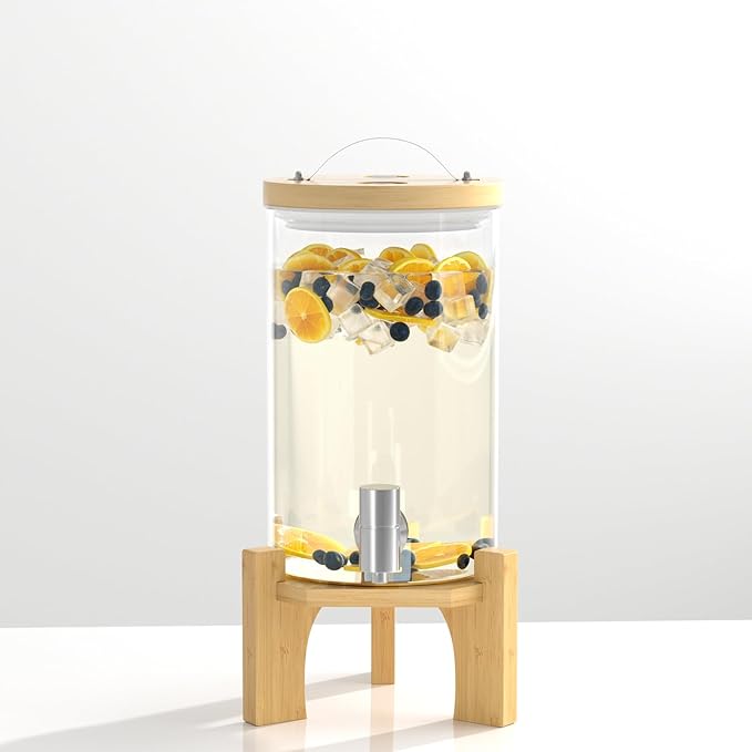 1.2 Gallon Glass Drink Dispenser For Parties, Beverage Dispenser With Bamboo Wood Stand And Stainless Steel Spigot, Countertop Water Dispenser, Lemonade Dispenser For Wedding, Picnic (1PACK)