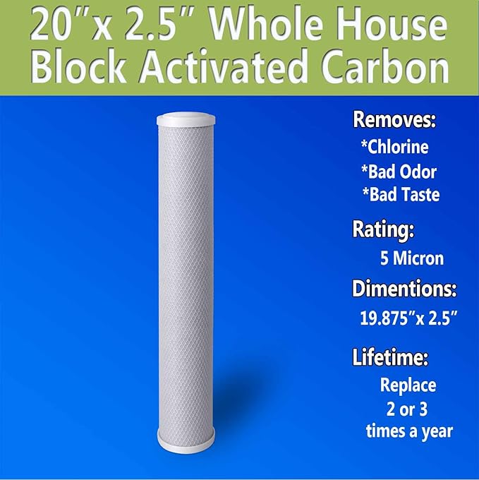 Standard Whole House Coconut Shell Carbon Block 5 Micron Water Filter 20” x 2.5” Fits 20” x 2.5” Housings. Remove Chlorine and Bad Odor. Compatible with C1-20, HX-CB-25-2010, F3WCB32 Pack of 20