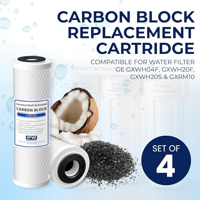 IPW Industries Inc Set of 4 Compatible for Water Filter GE GXWH04F, GXWH20F, GXWH20S & GXRM10 Multi-Pack, Carbon Block Replacement Cartridge