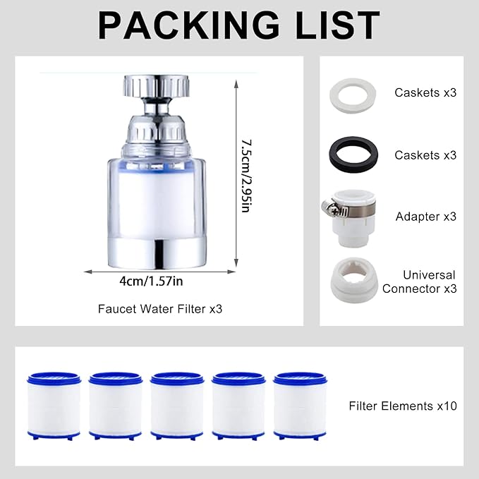 YOTAN Sink Filter Water Faucet, Universal 360 ° Rotating Bathroom Sink Filter, Kitchen Faucet Water Filter-Removes Chlorine Fluoride Heavy Metals Hard Water for Home Kitchen & Bathroom (3 Pcs)