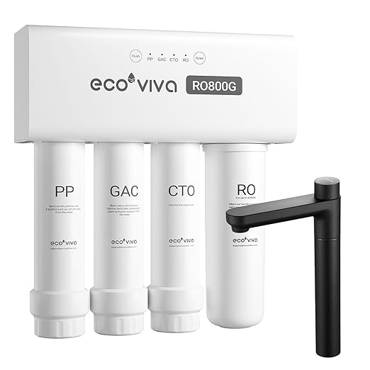 Ecoviva UnderSink Reverse Osmosis RO 800GPD Water Filter Filtration System, Alkaline Water pH 7-8, 8-Stage Filtration, 3:1 Pure-to-Drain Filter