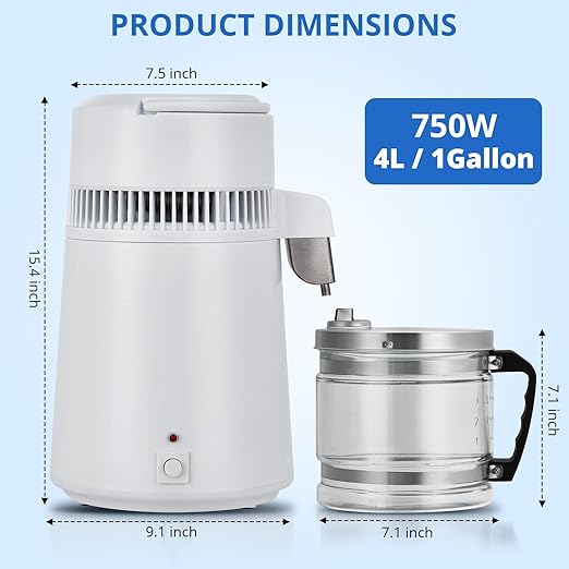 4L Water Distiller,Household Stainless Steel Distilled Water Purifier,Countertop Distilled Water Maker,4 Litre Distilled Water Machine for Home.White Glass Bottle