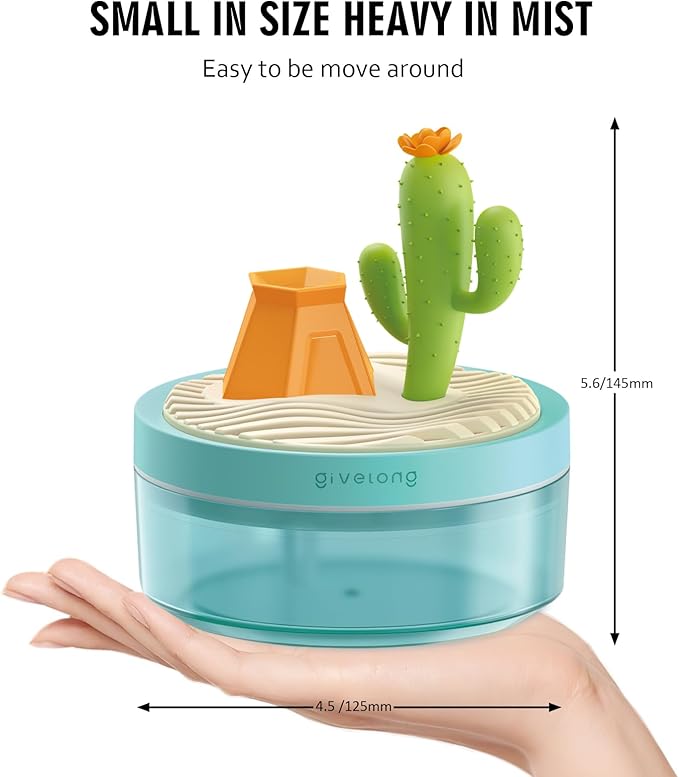 Mini Portable Desktop Humidifiers for Bedroom,Small Humidifier with Cactus Landscape,Quiet,Cool Mist, Auto Off,7 Colors Night Light,320ml Air Humidifier Home Office Travel (Green)