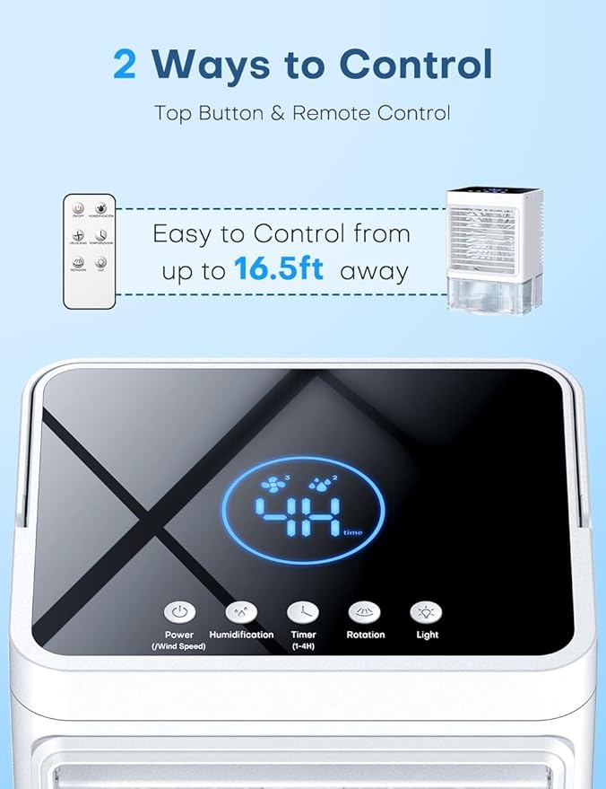 Small Air Conditioner w/ 3 Speeds&3 Modes, Remote, 1100ML Tank Humidifier, 8-Cube Ice Tray, 120° Oscillating, 4 IN 1 Portable Air Conditioners, 7-Color Light, 4H Timer Desk AC Unit for Bedroom