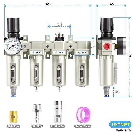 TAILONZ PNEUMATIC 1/2 Inch NPT 0-240PSI Industrial Grade 4 Stage Air Drying System, Double Particulate Filter, Coalescing Filter (Automatic Drainage)