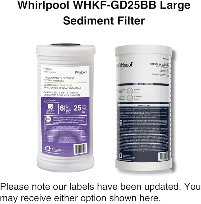 Whirlpool 10" x 4.5" Whole House Large Capacity Sediment Filter WHKF-GD25BB, NSF Certified 25 Micron Filtration, 6-Month Life, Replacement Cartridge Fits Most Home Standard Filter Housings