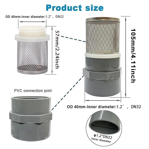 1.2 inch Stainless Steel Filter Cover Connected to 1.2 inch/DN32 Grey PVC Water Pipe, Suction Strainers Used to Remove Debris and Reduce Solid Entry(1pcs)