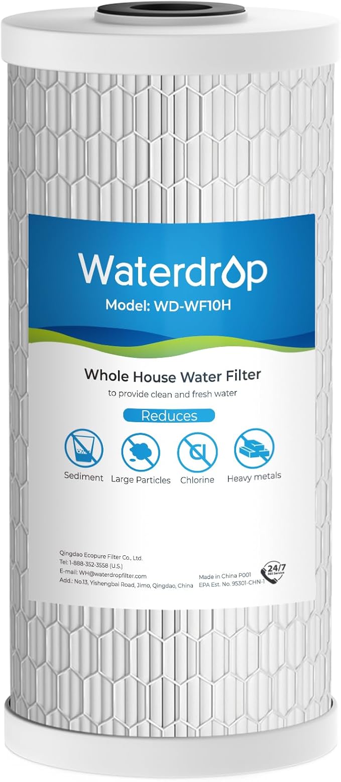 Waterdrop Whole House Water Filter, Sediment Filter Reduce Heavy Metal Filter Cartridge, Replacement for GE® FXHTC, GXWH40L, iSpring, Culligan® RFC-BBSA, Whirlpool®, Any 10" x 4.5" System, 5 Micron
