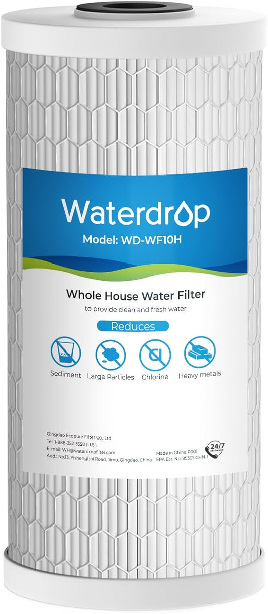 Waterdrop Whole House Water Filter, Sediment Filter Reduce Heavy Metal Filter Cartridge, Replacement for GE® FXHTC, GXWH40L, iSpring, Culligan® RFC-BBSA, Whirlpool®, Any 10" x 4.5" System, 5 Micron