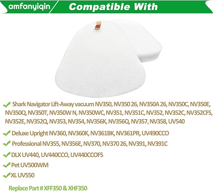 Filter Replacements Compatible with Shark Navigator Lift-Away vacuum NV350 NV351 NV352 NV357 UV540,Deluxe NV360 UV440,Professional NV355 NV370 NV391,2-Sets Foam & Felt,Replace Part # XFF350 & # XHF350