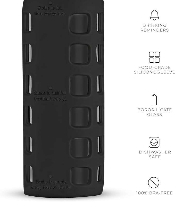 purifyou 40oz / 32oz / 22oz / 12oz Borosilicate Glass Water Bottle with Time & Volume Markers, Silicone Sleeve, Stainless Steel Lid | Reusable Glass Bottle for Water & Juice (12oz Jet Black)