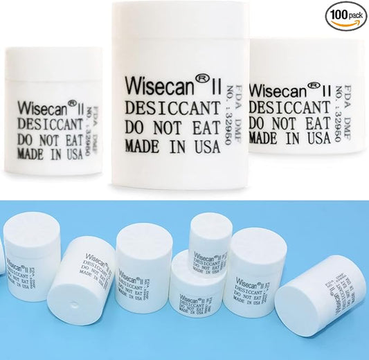1 Gram 100 Pack Silica Gel Canister, Desiccant Canister, Silica Gel Capsules, Desiccant Capsules, Moisture Absorbers for Food Storage, Food Safe Dehumidifiers Wisecan