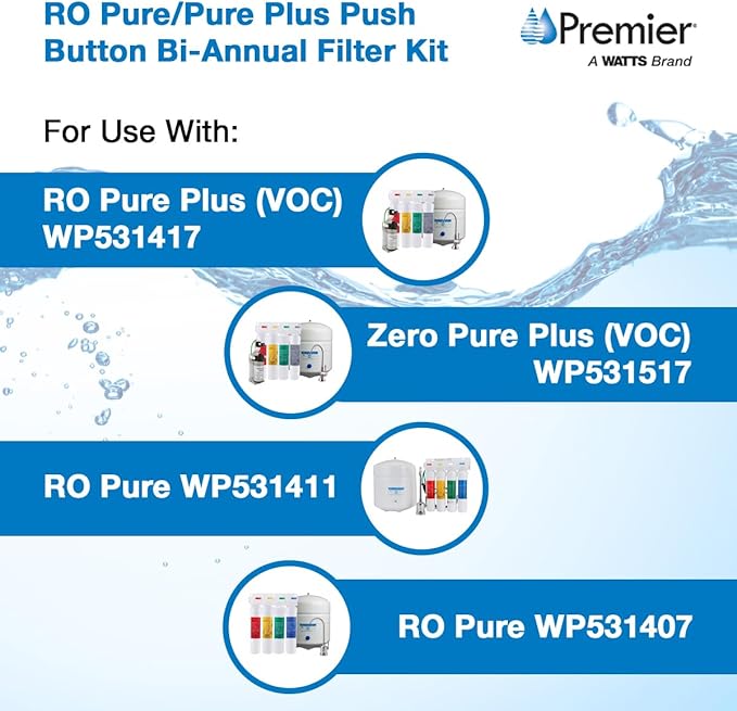 Watts Premier Bi-Annual RO Pure Plus 2-Pack Filtration Kit for 4 Stage Pure Plus/Zero Pure Plus Reverse Osmosis System, Push Button Water Filter Replacement, Sediment Filter, Carbon Pre-Filter