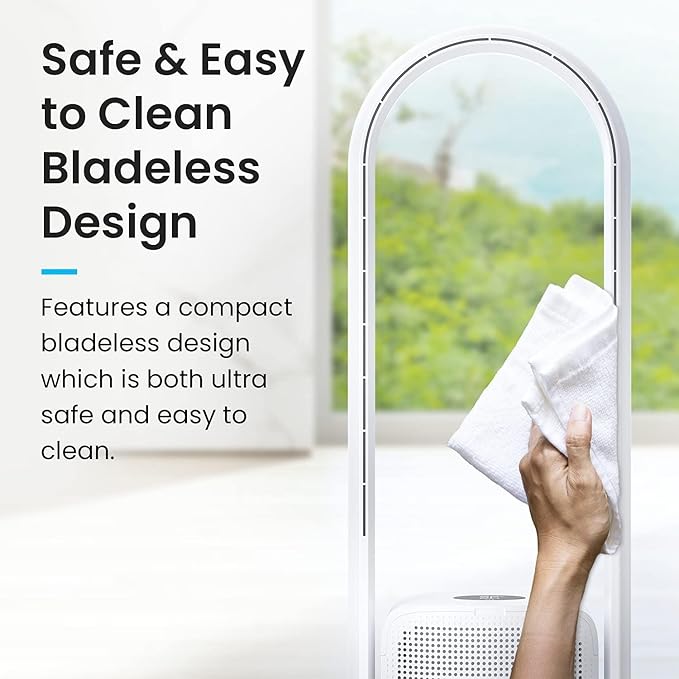 U ULTTY Bladeless Tower Fan and Air Purifier in one, True HEPA Filter 99.97% Smoke Dust Pollen Dander, Oscillating Tower Fan with Remote Control CR022D, White