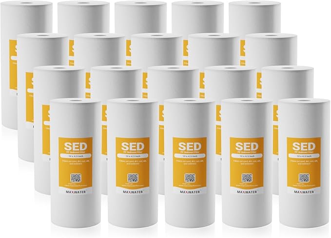 Max Water 5 Micron 10 x 4.5 inch Whole house Sediment Water Filter | Meltblown Polypropylene Well Water Filter Replacement Cartridges for DGD-5005, AP810, SDC-45-1001, GXWH30C, PP10BB (20 Pack)