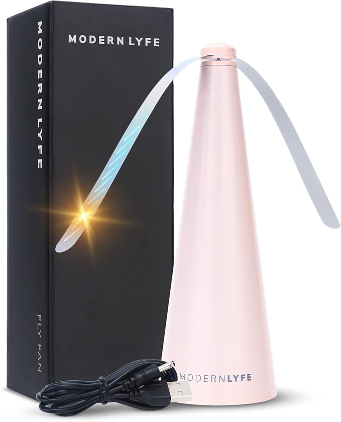 Fly Fans for Tables by Modern Lyfe - AA Battery & USB Powered - Fly Swatter Outdoor Camping Accessory Or for Food at Parties, Restaurants & Picnics, Bug Fan, Spinner Keeps Flies Away (1 Pack - Pink)