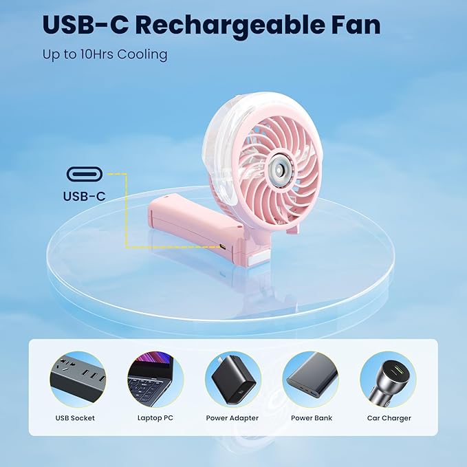 HandFan Upgraded Portable Handheld Misting Fan, Rechargeable Personal Mister Fan, Spray Water Mist Fans, Foldable Electric Mini Cooling Hand Fans for Summer Beach Travel Concerts Disney(Pink)
