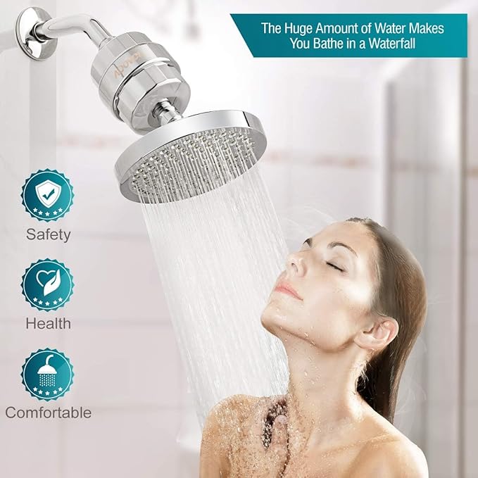 ADOVEL High Output Shower Head and Hard Water Filter, 15 Stage Shower Filter Removes Chlorine & Harmful Substances, Water Softener Showerhead for Bathroom, Rain Shower, 1 Replaceable Filter Cartridge