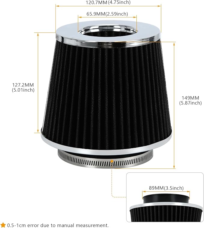 PTNHZ Universal Black 3.5" 89mm High Flow Cold Air Intake Cone Air Filter Power Intake Air Inlet System Air Cleaner