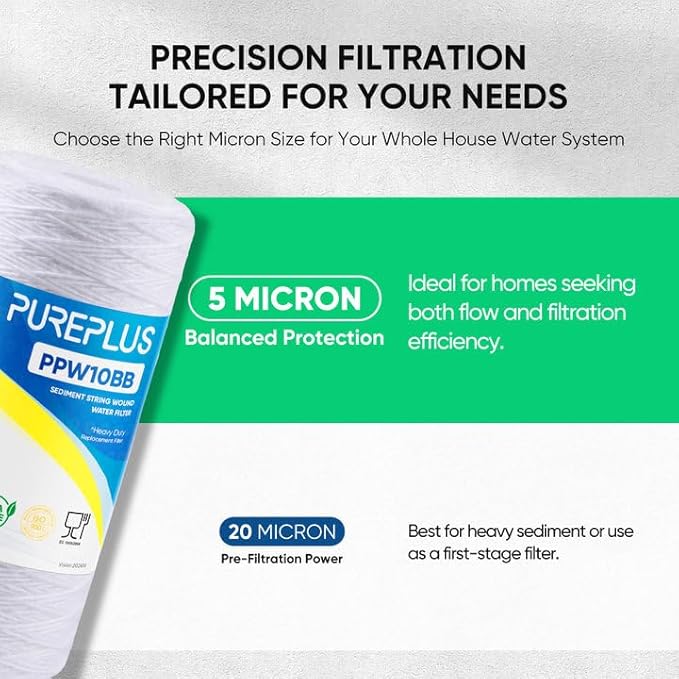 PUREPLUS 5 Micron 10 x 4.5 Whole House String Wound Sediment Filter for Well Water, Replacement Cartridge for 84637, WPX5BB97P, PC10, 355214-45, 355215-45, WP10BB97P, WP5BB97P, 3Pack