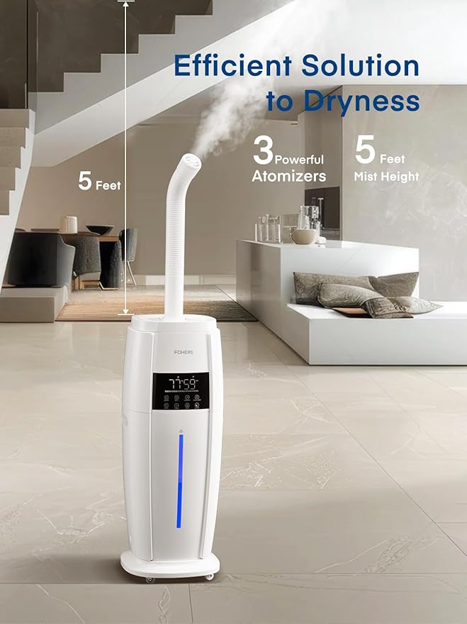 FOHERE 4.8Gal/18L Humidifier Large Room, Easy Top Fill Cool Mist Tower Humidifiers Quiet for Home, Plant, Office, Commercial, Whole House Cover up to 1500ft², with Smart Humidity Sensor, Remote, White