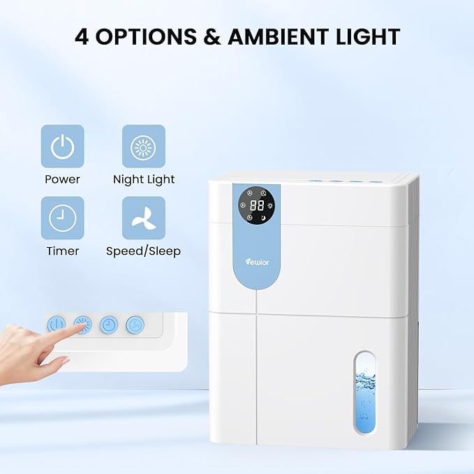 Dehumidifier, VEWIOR 152 OZ Dehumidifiers for Home, (900 sq.ft) Quiet Dehumidifier for Basement with Large Water Tank, Dehumidifiers for Bathroom Bedroom RV Closet with Auto Shut Off and Night Light