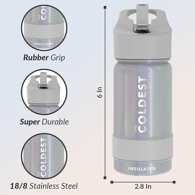 Coldest Insulated Water Bottle with Straw Lid - Stainless Steel Metal Insulated Bottle for Men & Women (Supernova Silver Glitter, 14 oz)
