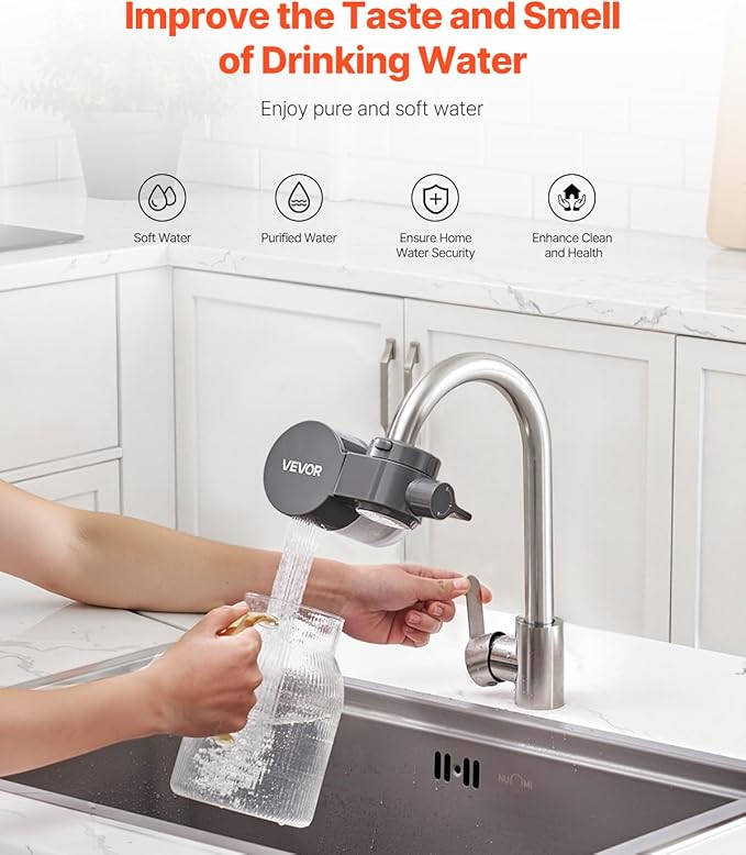 VEVOR Faucet Mount Water Filter, Horizontal Water Purifier for Sink Tap, NSF Certified Carbon Fiber Filter, Removes Chlorine Lead with 3 Filters, Fits Most Kitchen or Bathroom Faucets, Gray