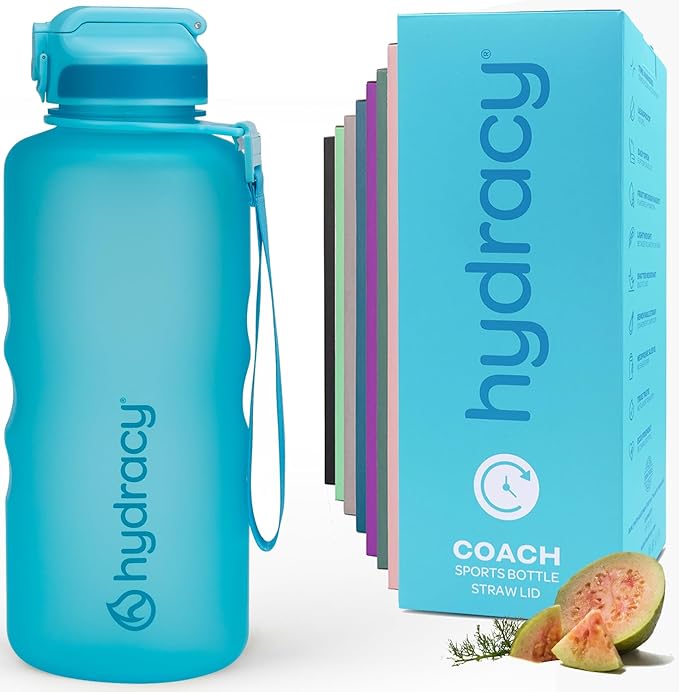 Hydracy Water Bottle with Time Marker -Large BPA Free Water Bottle & No Sweat Sleeve -Leak Proof Gym Bottle with Fruit Infuser Strainer & Times to Drink -Ideal for Fitness Sports & Outdoors