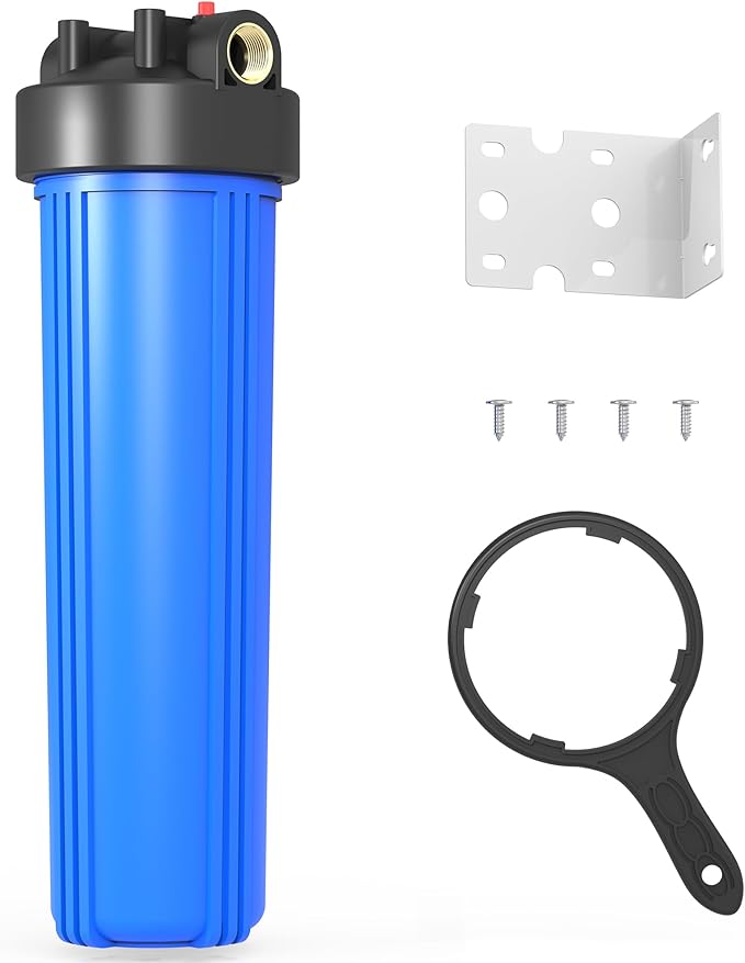 WHB20 Whole House Water Filter Housing, Fit 20"x4.5" Sediment etc Filters for Well and City Water, Big Filter Blue Pre-Filtration System for Home, 1" NPT Port, Pressure Release