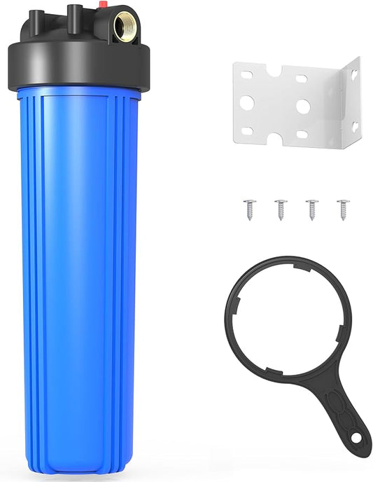 WHB20 Whole House Water Filter Housing, Fit 20"x4.5" Sediment etc Filters for Well and City Water, Big Filter Blue Pre-Filtration System for Home, 1" NPT Port, Pressure Release