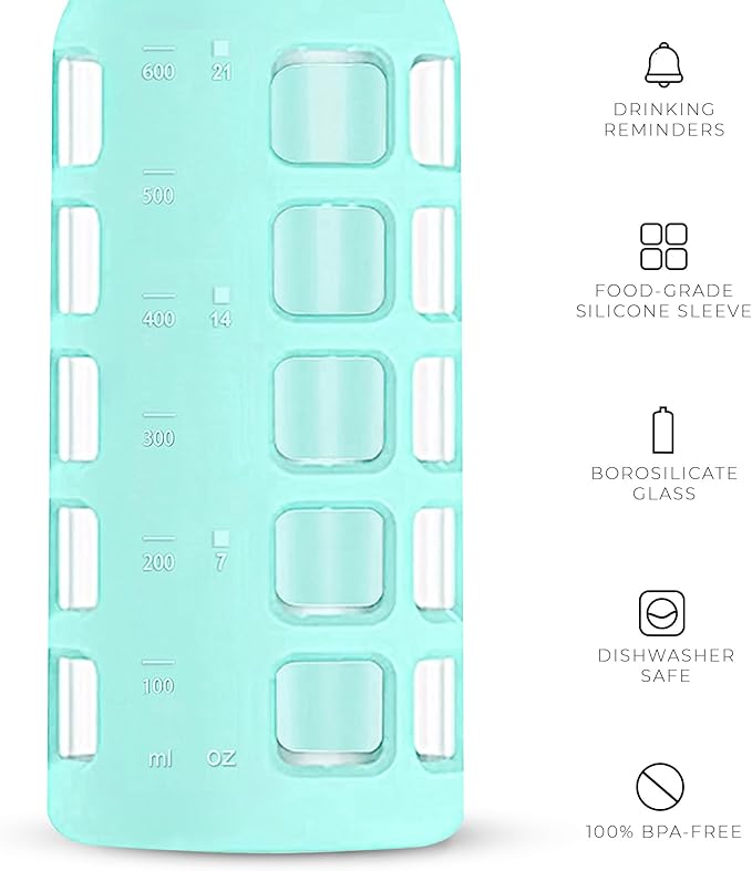 purifyou 40oz / 32oz / 22oz / 12oz Borosilicate Glass Water Bottle with Time & Volume Markers, Silicone Sleeve, Stainless Steel Lid | Reusable Glass Bottle for Water & Juice (22oz Glow-in-the-Dark)