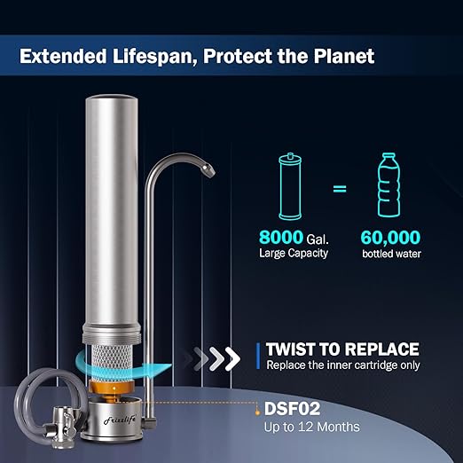 Frizzlife SS99 Countertop Water Filter System, 0.5 Micron NSF Certified 6-Stage Reduces 99.99% Lead, Chlorine, Heavy Metals, Bad Taste & Odor, Stainless Steel Faucet Water Filtration for 8000 Gallons