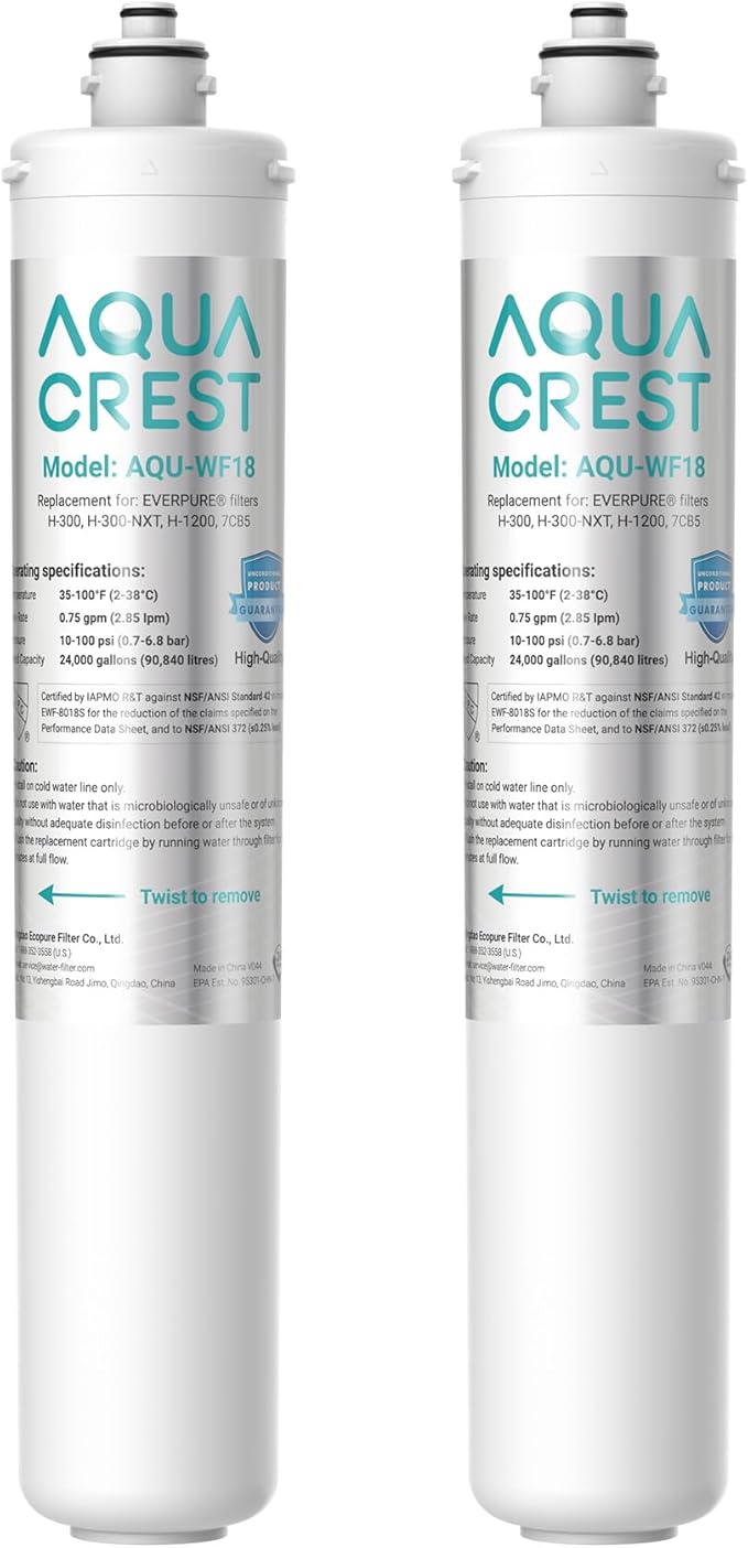 AQUACREST H-300 Under Sink Water Filter, NSF/ANSI 42 Certified, 24K Gallons, Replacement Cartridge for Everpure H-300, H-300-NXT, 7CB5, EV9270-71, EV9270-72, EV9618-11, EV9855-50, EV9282-01, Pack of 2